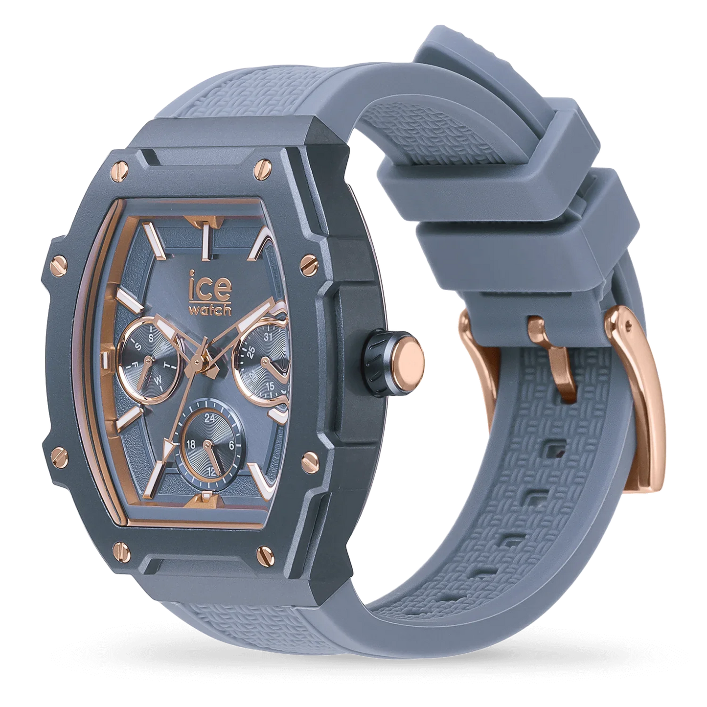 Horizon Blue watch with rose gold-plated case, multifunction Miyota movement, and silicone strap.