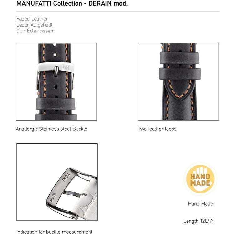 Morellato Derain smooth calfskin leather watch strap with hand-stitched edges, stainless steel buckle, and durable design for timeless elegance.