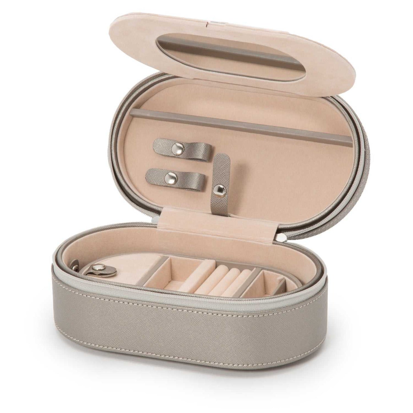 Jewellery BoxWolf Heritage Oval Zip Case Jewellery Box Pewter Saffiano 280634Introducing the Wolf Heritage Oval Zip Case Jewellery Box in Pewter Saffiano (Model 280634) – a harmonious blend of classic style and functional design. This excepti
