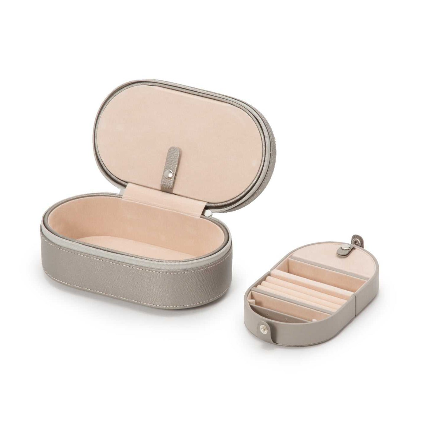 Jewellery BoxWolf Heritage Oval Zip Case Jewellery Box Pewter Saffiano 280634Introducing the Wolf Heritage Oval Zip Case Jewellery Box in Pewter Saffiano (Model 280634) – a harmonious blend of classic style and functional design. This excepti