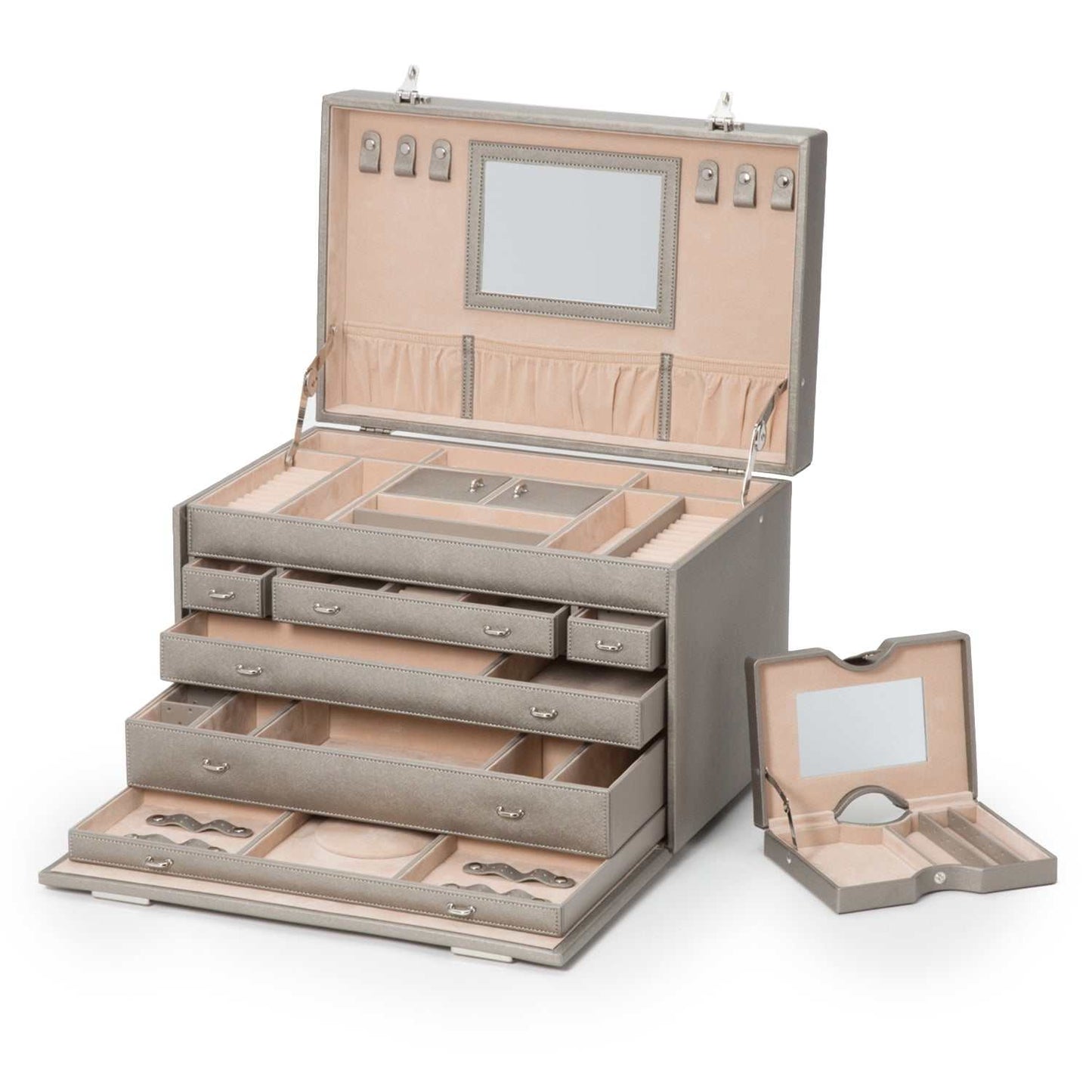 Jewellery BoxWolf Heritage Jewelry Armoire Pewter Saffiano 280834Introducing the 280834 Wolf Heritage Jewelry Armoire in sophisticated Pewter Saffiano – a stunning blend of unique style and functional design. Elevate your jewelry