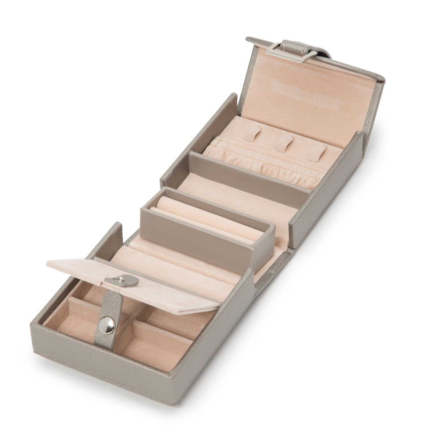 Jewellery BoxWolf Heritage Fold-Out Travel Pewter Saffiano Jewellery Box 281234Introducing the Wolf Heritage Fold-Out Travel Pewter Saffiano Jewellery Box – where classic design meets vibrant elegance in a chic pewter finish. Elevate your jewel