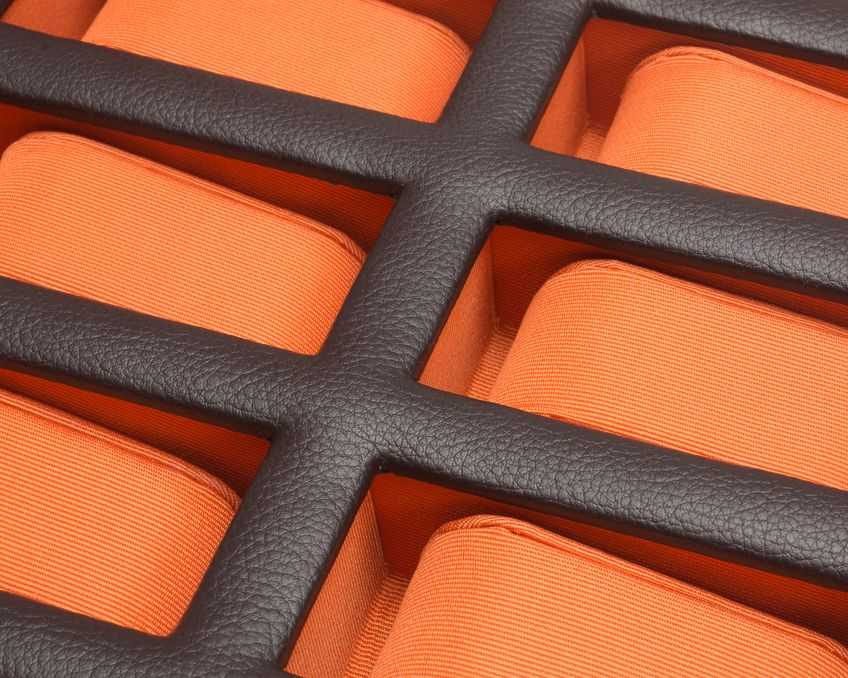 Wolf Heritage Windsor watch box interior with orange and brown vegan leather design.