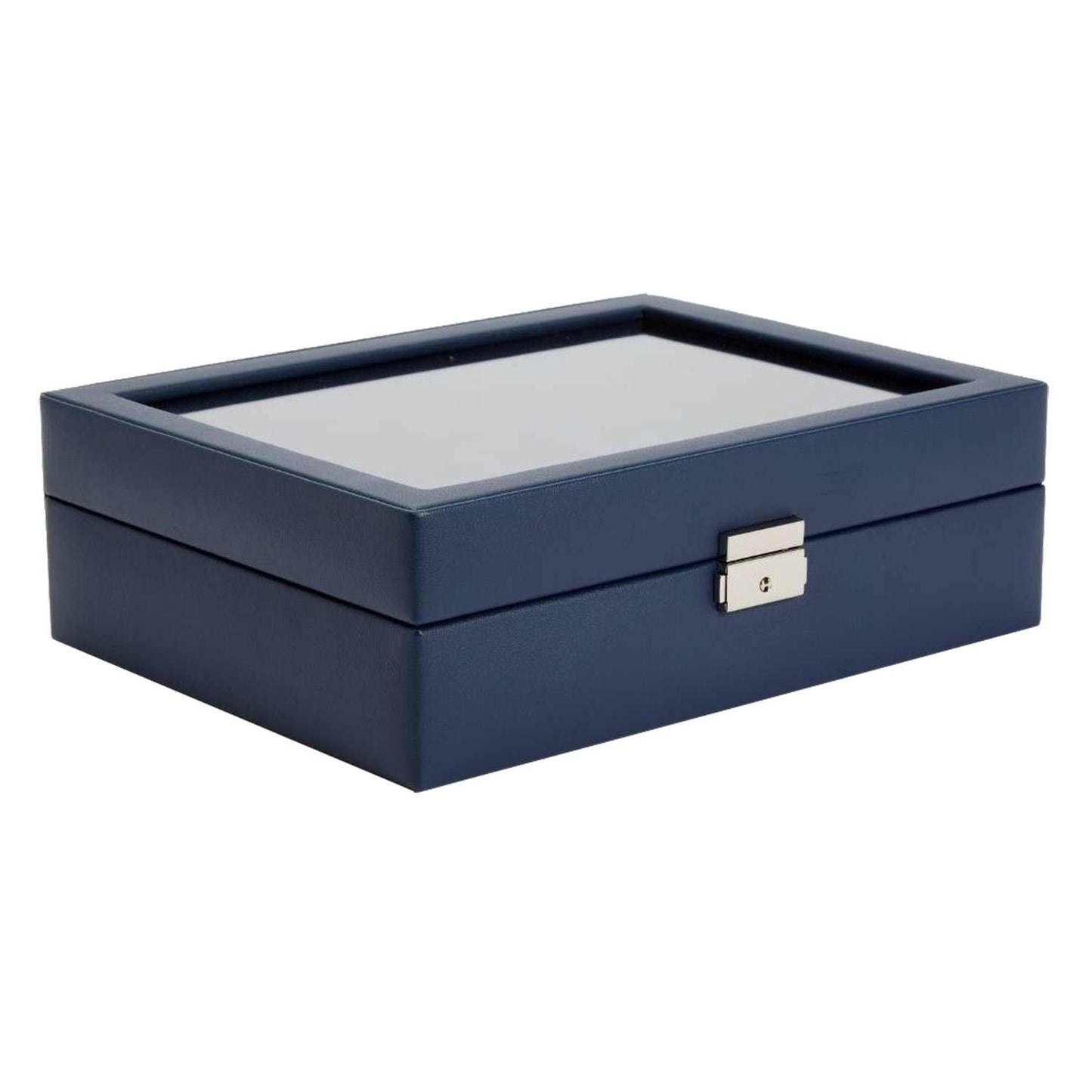 Navy blue Wolf Heritage 10-piece watch box with glass cover and chrome hardware.
