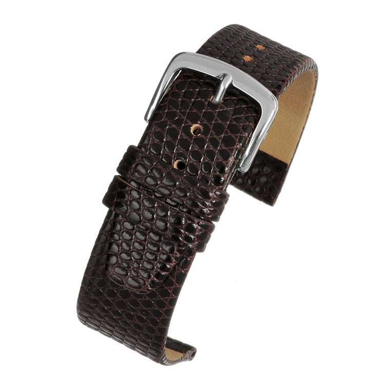 Flat lizard grain watch strap with classic design and bright colors displaying a polished buckle and textured leather.
