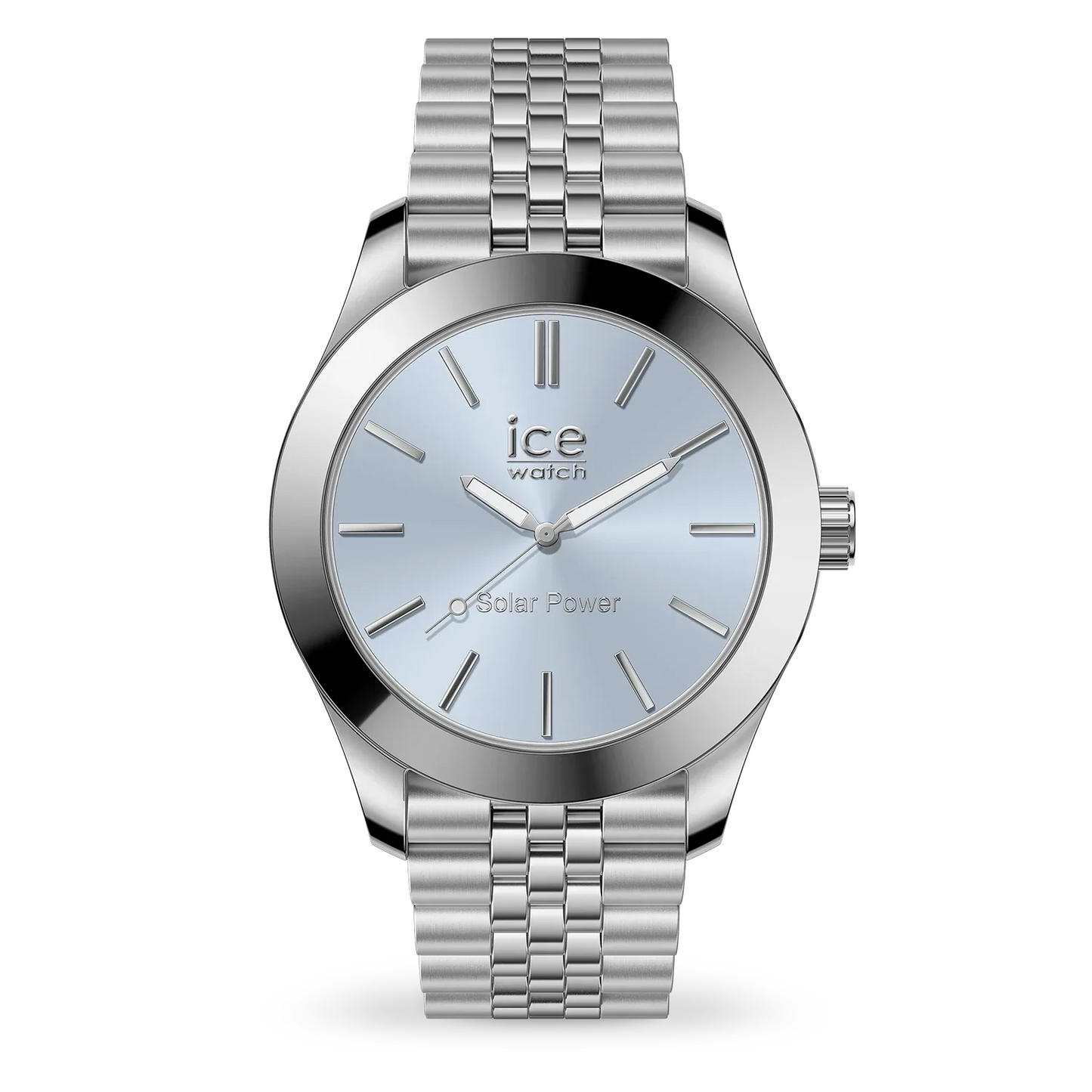 ICE steel Watch solar Silver Light Blue 023789 with sky-blue dial and silver bracelet.