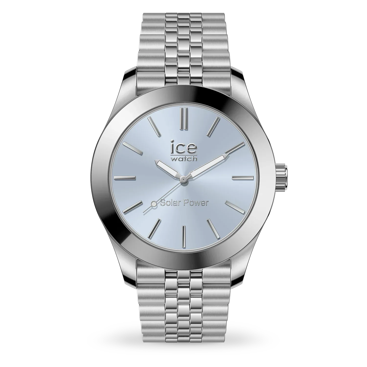 ICE steel Watch solar Silver Light Blue 023789 with sky-blue dial and silver bracelet.