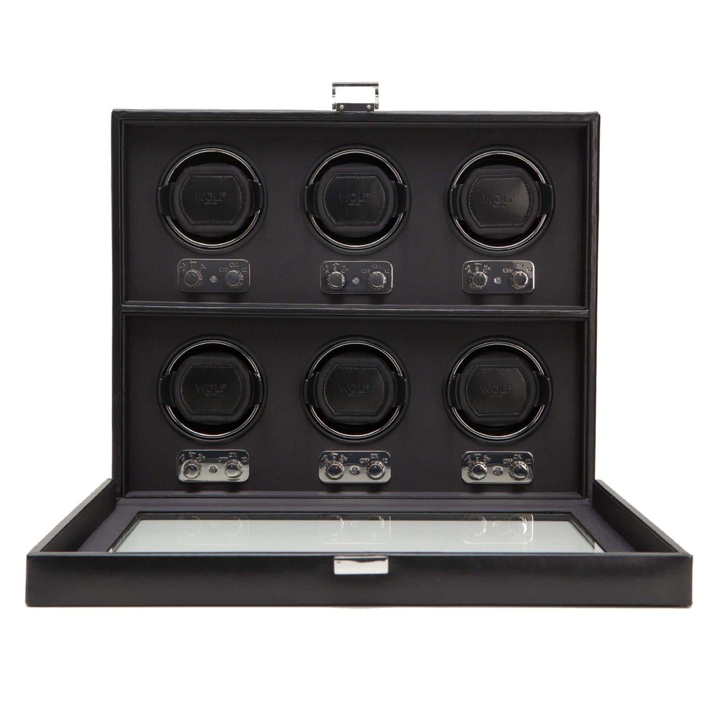 Wolf Heritage 6 Piece Watch Winder with black faux leather, chrome hardware, and glass cover for display.