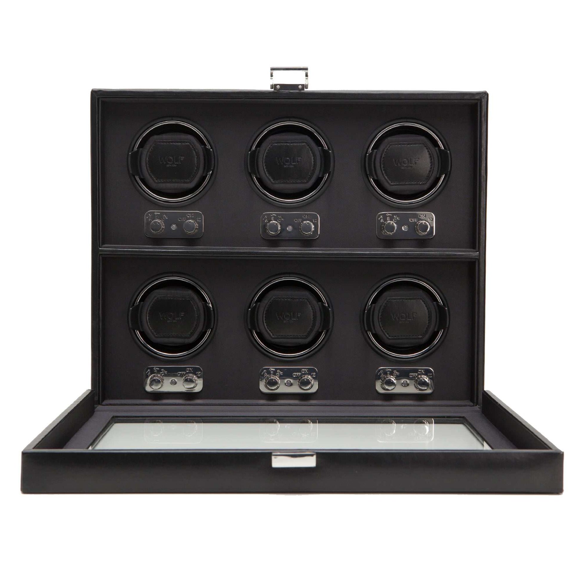 Wolf Heritage 6 Piece Watch Winder with black faux leather, chrome hardware, and glass cover for display.