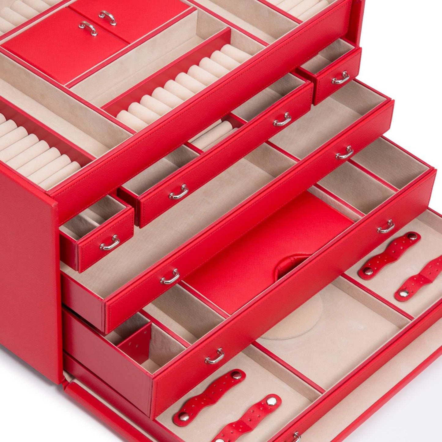 Jewellery BoxWolf Heritage Jewellery Armoire Red Saffiano 280814Introducing the Wolf Heritage Jewellery Armoire in striking Red Saffiano (Model: 280814) – an embodiment of unique style harmoniously blended with functional design.