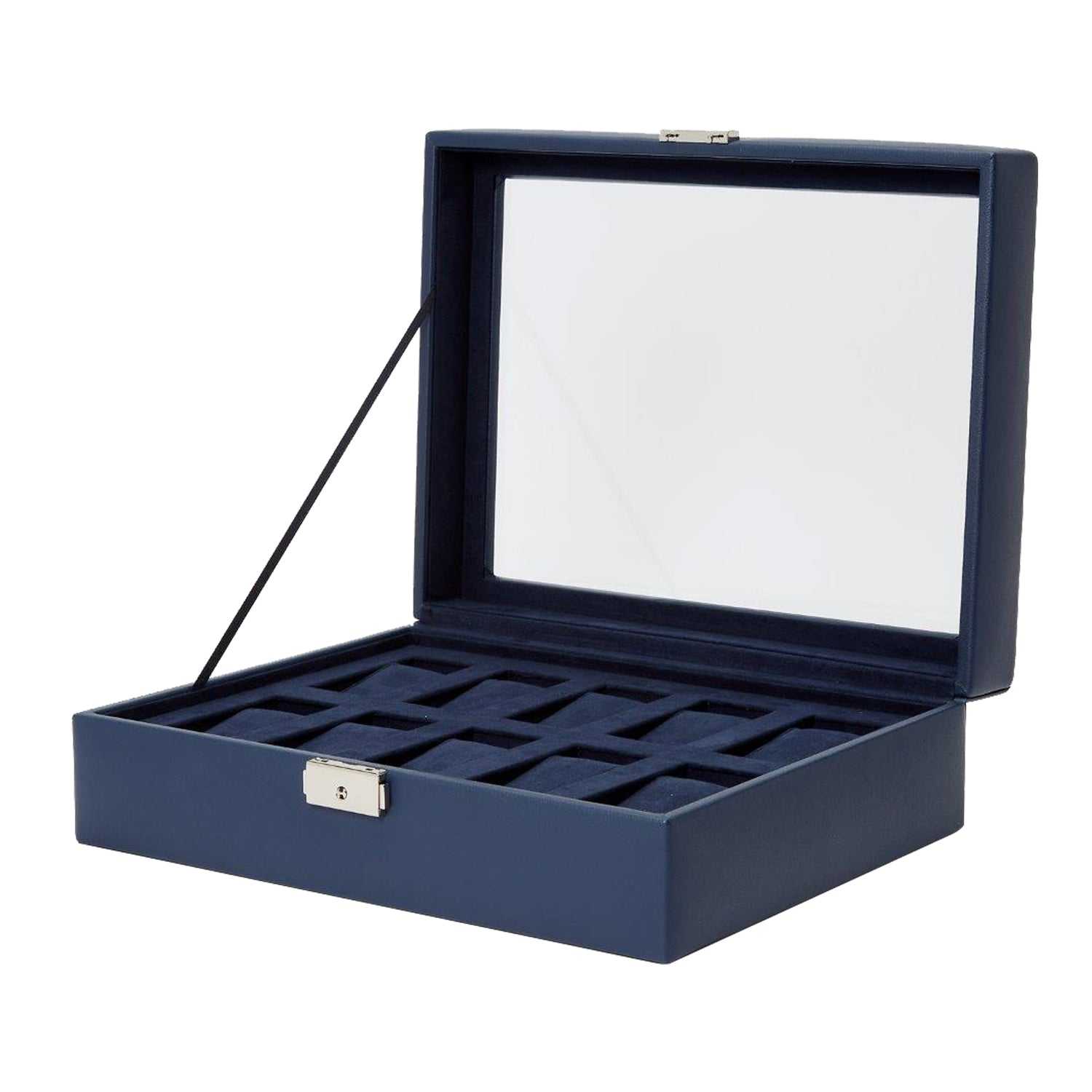 Navy watch box with glass cover for 10 watches, featuring faux leather and suede lining.