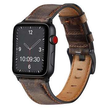 Retro leather Apple Watch strap with colorful contrasting stitch design, compatible with all models.