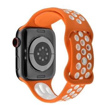Silicone sport strap for Apple Watch, orange and white color, compatible with 38-40mm and 42-44mm sizes.