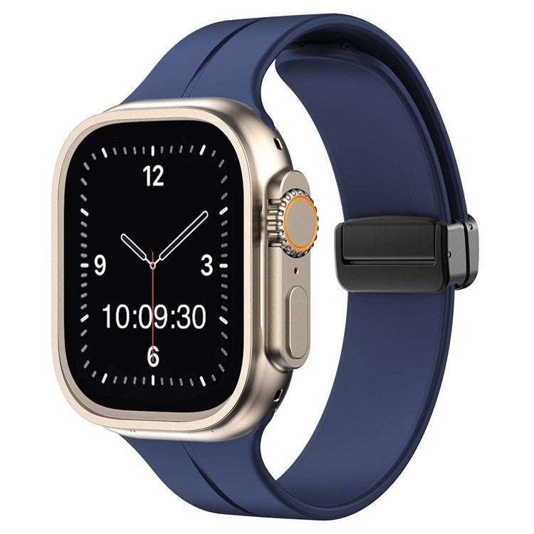Plain magnetic silicone sport Apple Watch strap in blue, compatible with all sizes and generations.