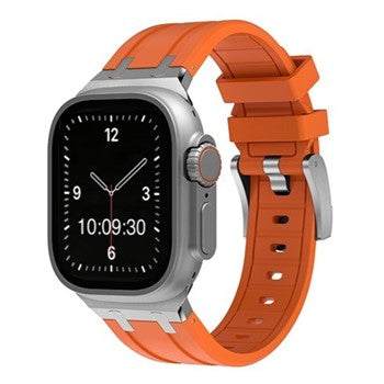 Orange silicone sport strap for Apple Watch, compatible with 38-44mm sizes, featuring a black buckle.