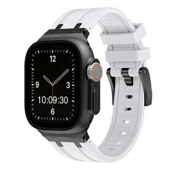 Silicone sport strap for Apple Watch, compatible with 38-40mm and 42-44mm sizes, shown in white with black buckle.