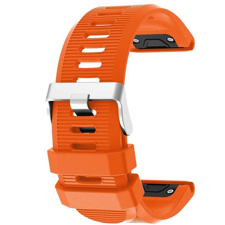 Silicone strap with silver buckle for Garmin Fenix 6X, orange color, designed for comfort and durability.