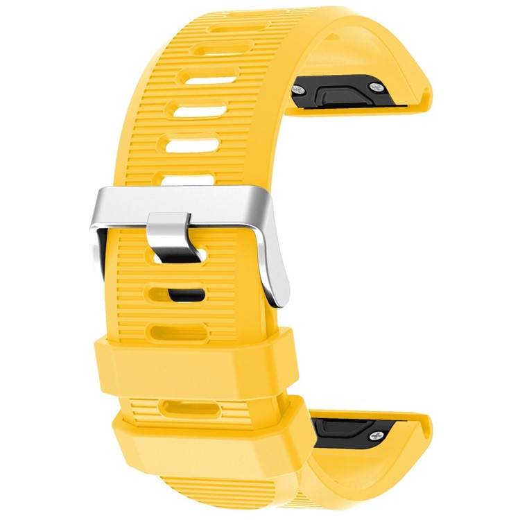 Yellow silicone strap with silver buckle for Garmin Fenix 6X, designed for comfort and durability.