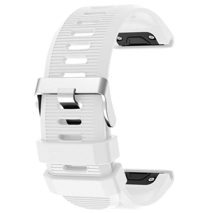 Silicone strap with silver buckle compatible with Garmin Fenix 6X, offering comfort and durability.