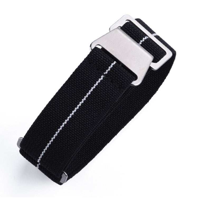 Military-inspired black elastic watch strap with white stripe, showcasing durable parachute material for comfort and style.