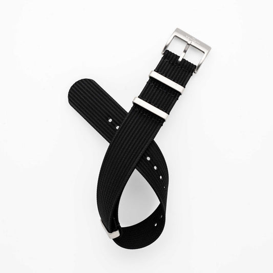 Kennett ribbed nylon NATO watch strap with stainless steel buckle, 22mm width.