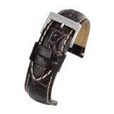 Heavy stitch crocodile grain watch strap with semi-shine finish and off-white stitching.