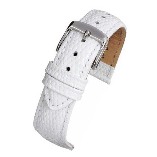 Luxurious padded lizard grain watch strap with nubuck lining, available in sizes 12mm-18mm, for medium-sized watches.